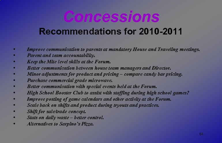 Concessions Recommendations for 2010 -2011 • • • • Improve communication to parents at