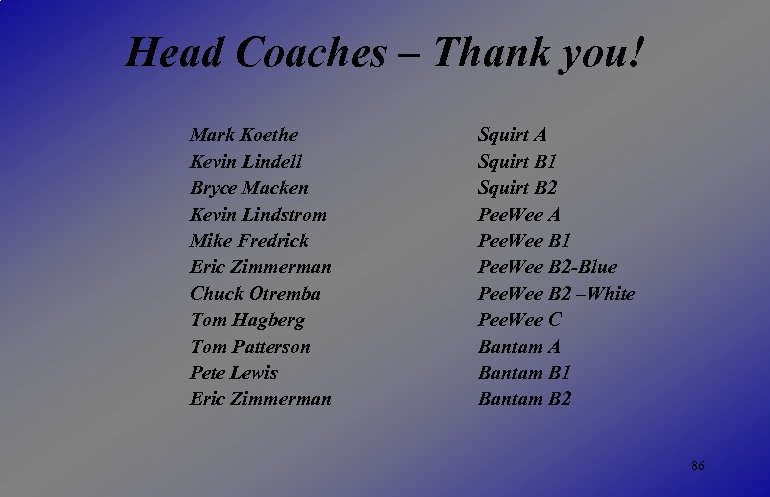 Head Coaches – Thank you! Mark Koethe Kevin Lindell Bryce Macken Kevin Lindstrom Mike