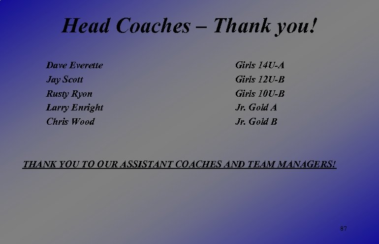 Head Coaches – Thank you! Dave Everette Jay Scott Rusty Ryon Larry Enright Chris