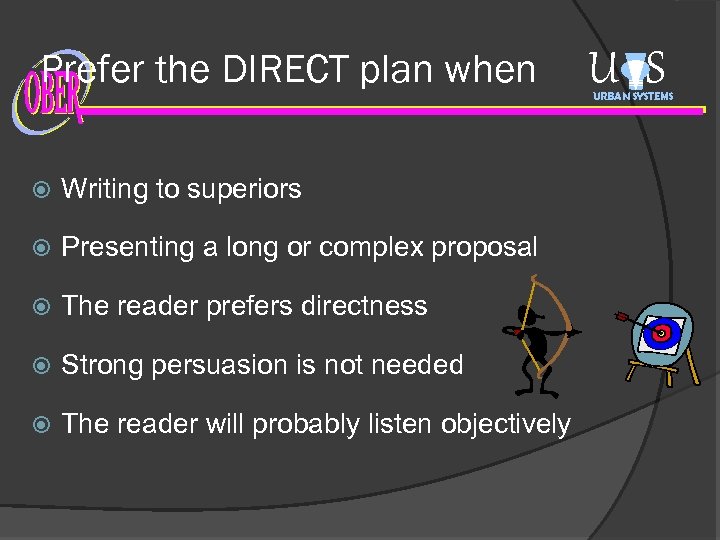 Prefer the DIRECT plan when Writing to superiors Presenting a long or complex proposal