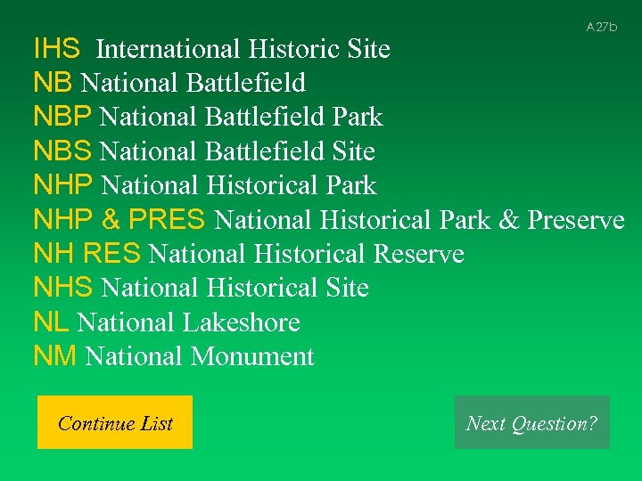 A 27 b IHS International Historic Site NB National Battlefield NBP National Battlefield Park