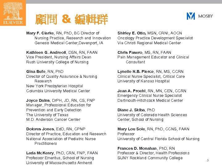 顧問 & 編輯群 Mary F. Clarke, RN, Ph. D, BC Director of Nursing Practice,