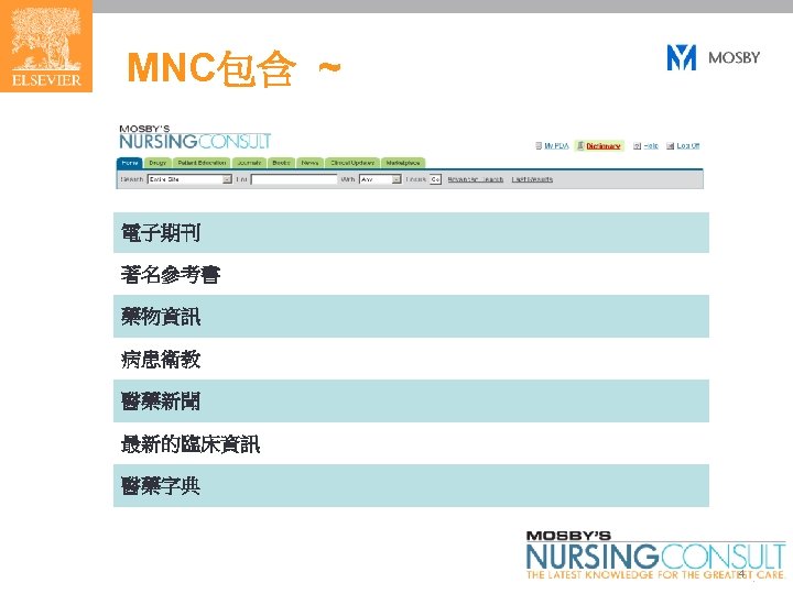 MNC包含 ~ 電子期刊 著名參考書 藥物資訊 病患衛教 醫藥新聞 最新的臨床資訊 醫藥字典 4 