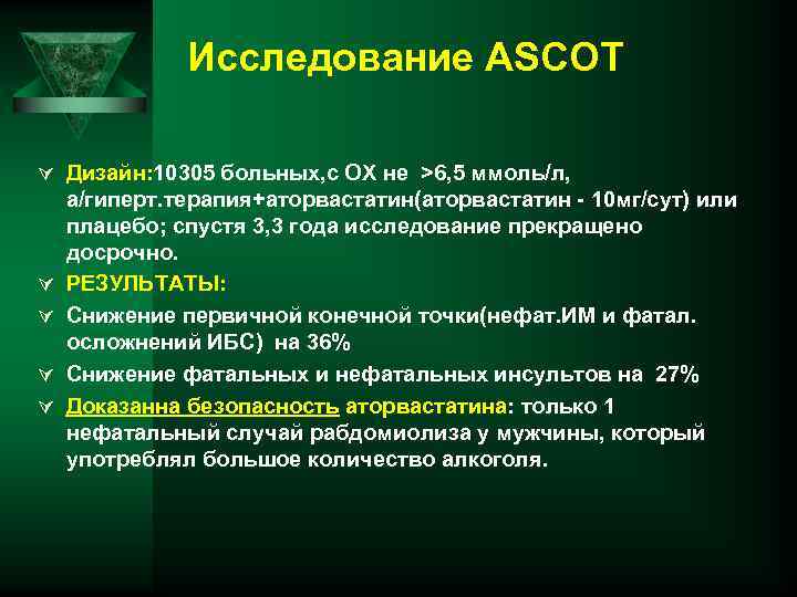 Исследoвание ASCOT Ú Дизайн: 10305 больных, с ОХ не >6, 5 ммоль/л, Ú Ú