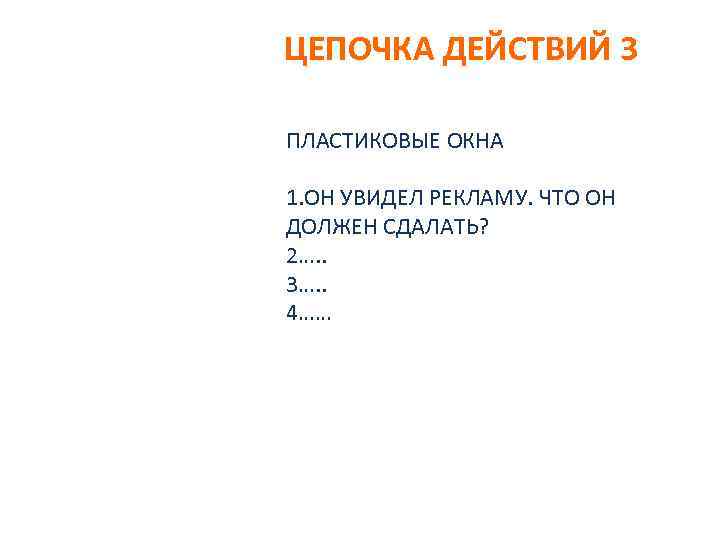 ЦЕПОЧКА ДЕЙСТВИЙ 3 ПЛАСТИКОВЫЕ ОКНА 1. ОН УВИДЕЛ РЕКЛАМУ. ЧТО ОН ДОЛЖЕН СДАЛАТЬ? 2….