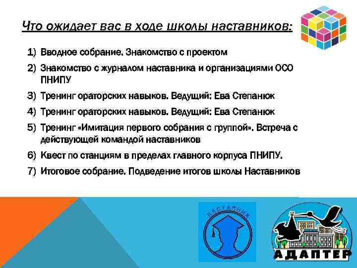 Что ожидает вас в ходе школы наставников: 1) Вводное собрание. Знакомство с проектом 2)