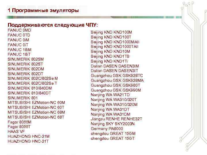 1 Программные эмуляторы Поддерживаются следующие ЧПУ: FANUC 0 MD FANUC 0 TD FANUC 0