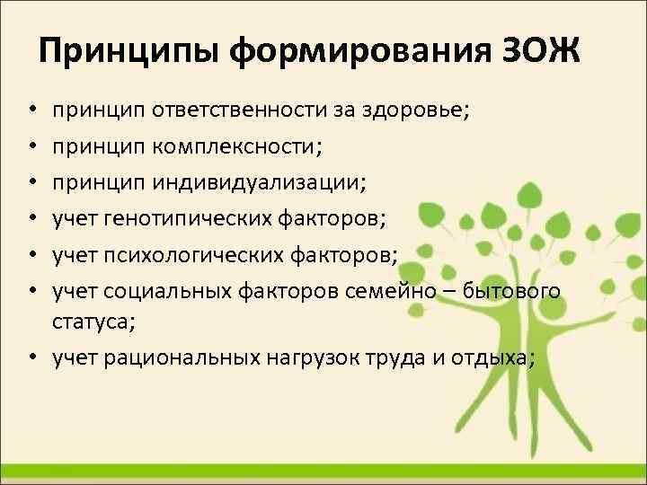 Принципы формирования ЗОЖ принцип ответственности за здоровье; принцип комплексности; принцип индивидуализации; учет генотипических факторов;