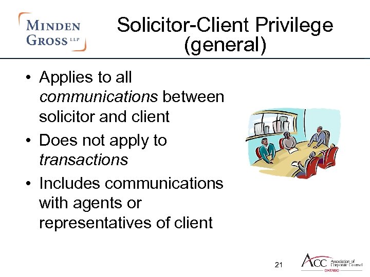 Solicitor-Client Privilege (general) • Applies to all communications between solicitor and client • Does