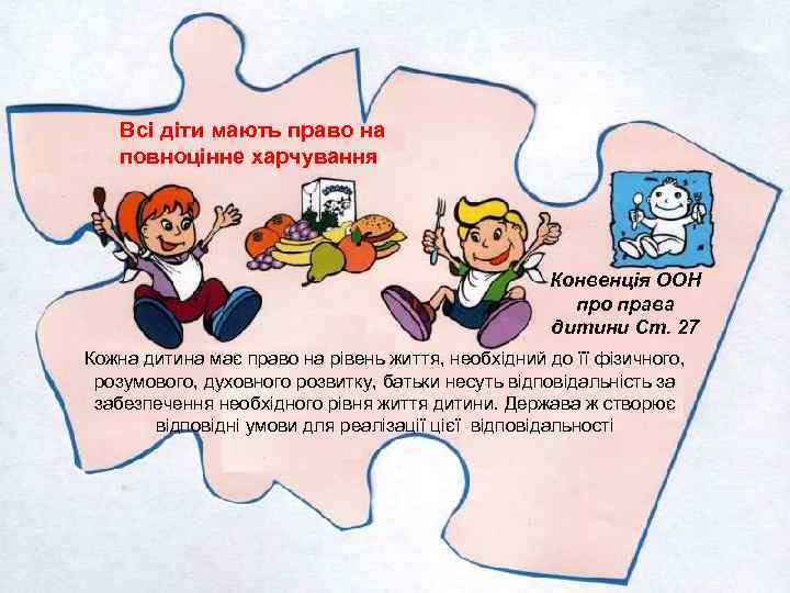 Всі діти мають право на повноцінне харчування Конвенція ООН про права дитини Ст. 27