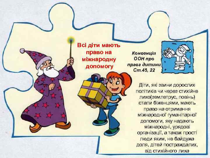 Всі діти мають право на міжнародну допомогу Конвенція ООН про права дитини Ст. 45,