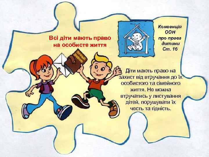 Всі діти мають право на особисте життя Конвенція ООН про права дитини Ст. 16