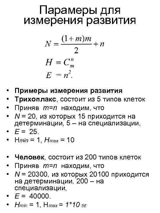 Парамеры для измерения развития • • Примеры измерения развития Трихоплакс, состоит из 5 типов