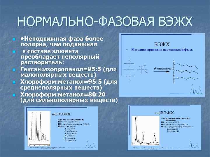 НОРМАЛЬНО-ФАЗОВАЯ ВЭЖХ n n n • Неподвижная фаза более полярна, чем подвижная в составе