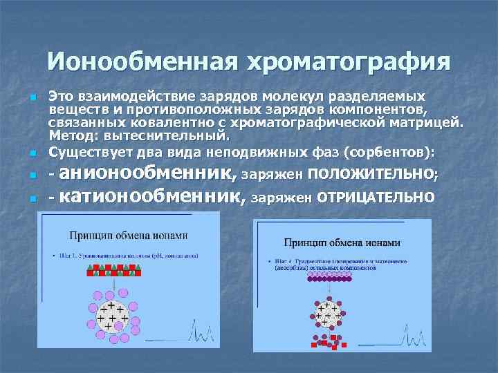 Ионообменная хроматография n n Это взаимодействие зарядов молекул разделяемых веществ и противоположных зарядов компонентов,