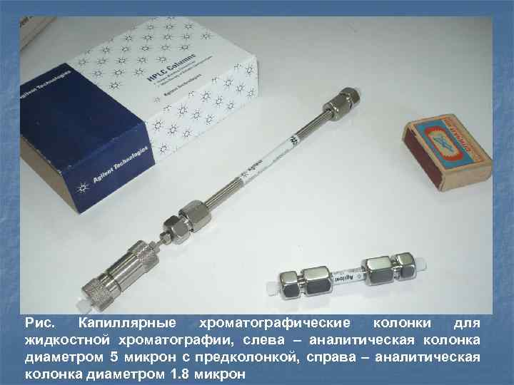 Рис. Капиллярные хроматографические колонки для жидкостной хроматографии, слева – аналитическая колонка диаметром 5 микрон