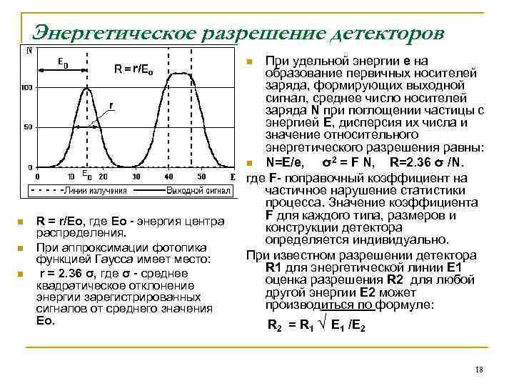 Энергетическое разрешение детекторов При удельной энергии e на образование первичных носителей заряда, формирующих выходной