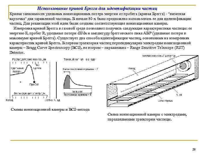 Использование кривой Брегга для идентификации частиц Кривая зависимости удельных ионизационных потерь энергии от пробега