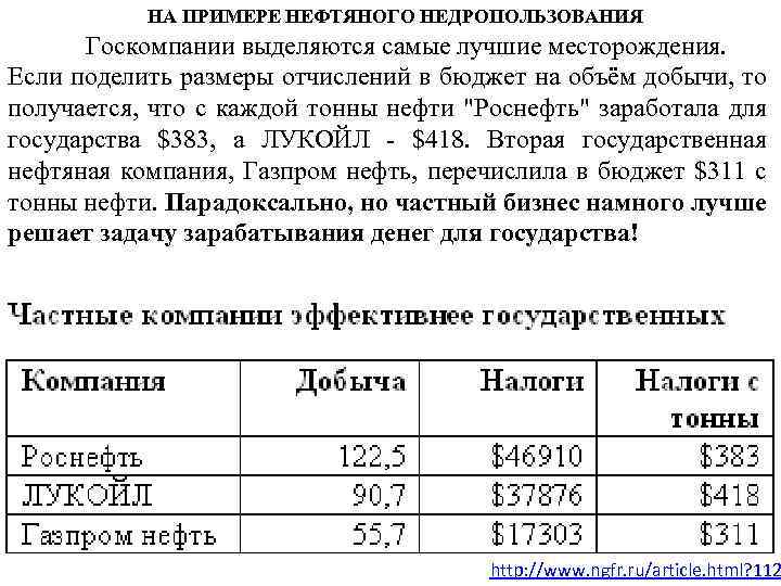 НА ПРИМЕРЕ НЕФТЯНОГО НЕДРОПОЛЬЗОВАНИЯ Госкомпании выделяются самые лучшие месторождения. Если поделить размеры отчислений в