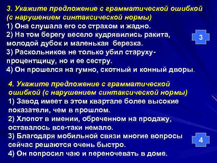 3. Укажите предложение с грамматической ошибкой (с нарушением синтаксической нормы) 1) Она слушала его