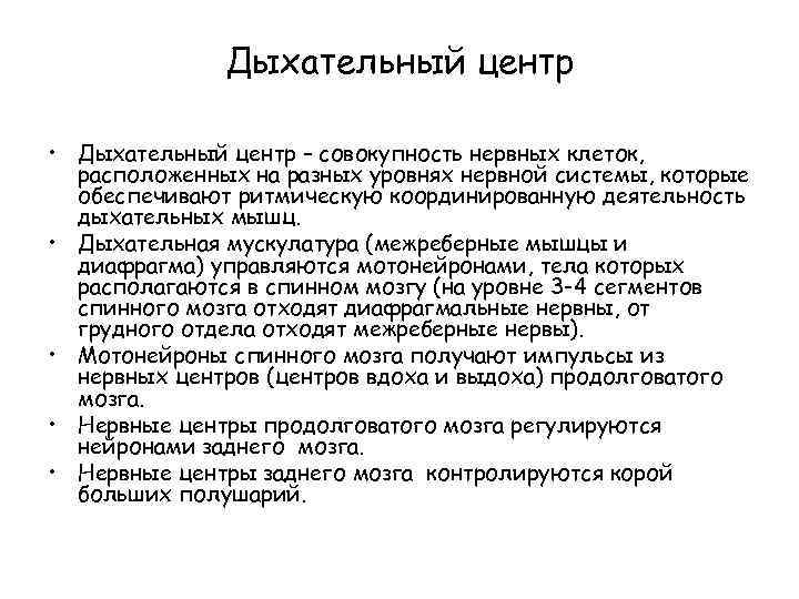 Дыхательный центр • Дыхательный центр – совокупность нервных клеток, расположенных на разных уровнях нервной