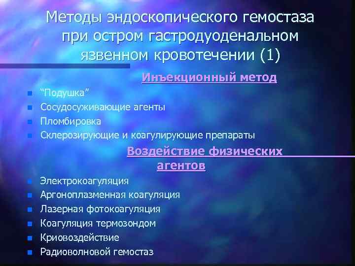 Методы эндоскопического гемостаза при остром гастродуоденальном язвенном кровотечении (1) Инъекционный метод n n “Подушка”