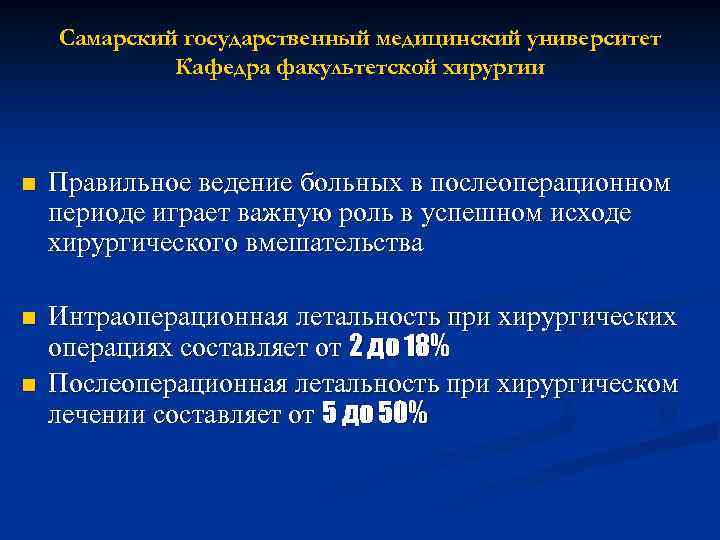 Самарский государственный медицинский университет Кафедра факультетской хирургии n Правильное ведение больных в послеоперационном периоде