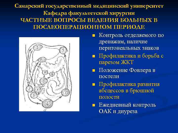 Самарский государственный медицинский университет Кафедра факультетской хирургии ЧАСТНЫЕ ВОПРОСЫ ВЕДЕНИЯ БОЛЬНЫХ В ПОСЛЕОПЕРАЦИОННОМ ПЕРИОДЕ