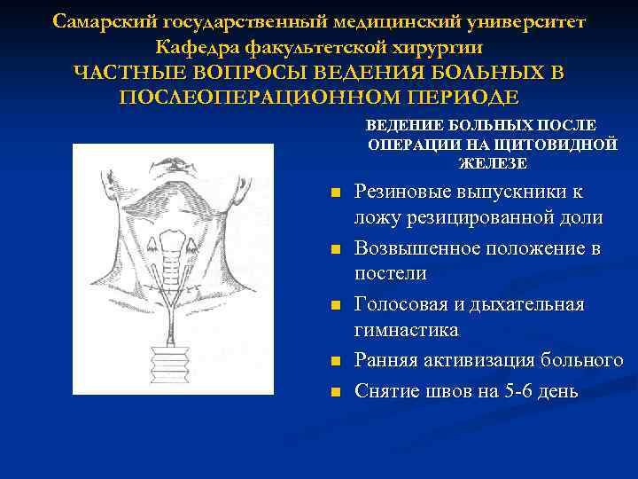 Самарский государственный медицинский университет Кафедра факультетской хирургии ЧАСТНЫЕ ВОПРОСЫ ВЕДЕНИЯ БОЛЬНЫХ В ПОСЛЕОПЕРАЦИОННОМ ПЕРИОДЕ