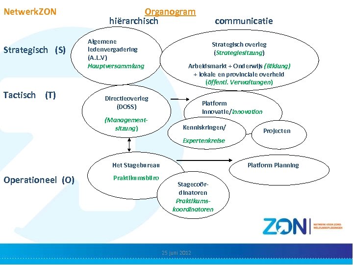 Netwerk. ZON Strategisch (S) Tactisch (T) Organogram hiërarchisch Algemene ledenvergadering (A. L. V) Hauptversammlung