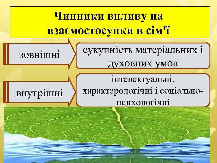 Чинники впливу на взаємостосунки в сім'ї зовнішні сукупність матеріальних і духовних умов внутрішні інтелектуальні,
