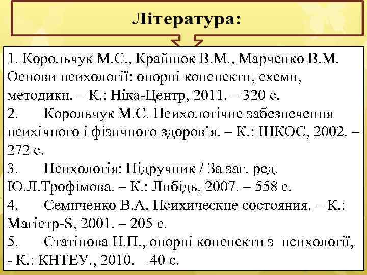 1. Корольчук М. С. , Крайнюк В. М. , Марченко В. М. Основи психології: