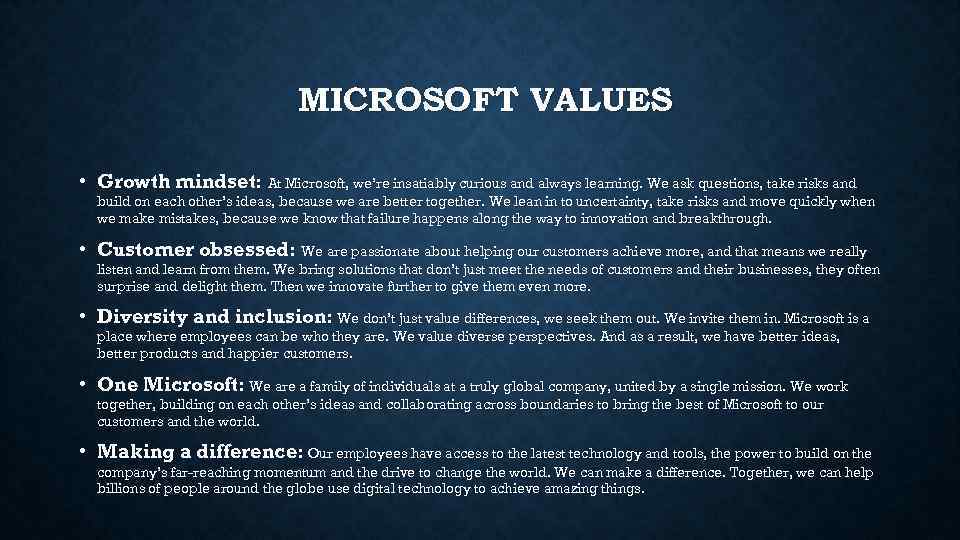 MICROSOFT VALUES • Growth mindset: At Microsoft, we’re insatiably curious and always learning. We