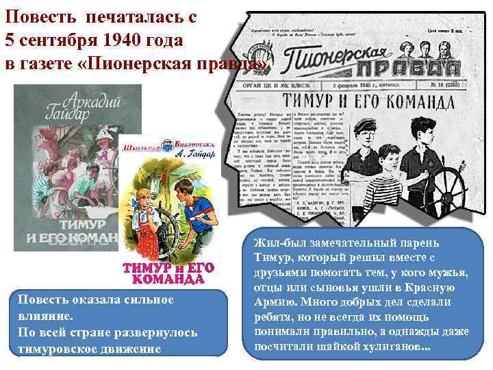 Повесть печаталась с 5 сентября 1940 года в газете «Пионерская правда» Повесть оказала сильное