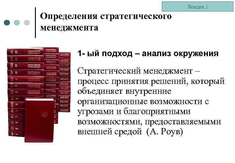 Лекция 1 Определения стратегического менеджмента 1 - ый подход – анализ окружения Стратегический менеджмент