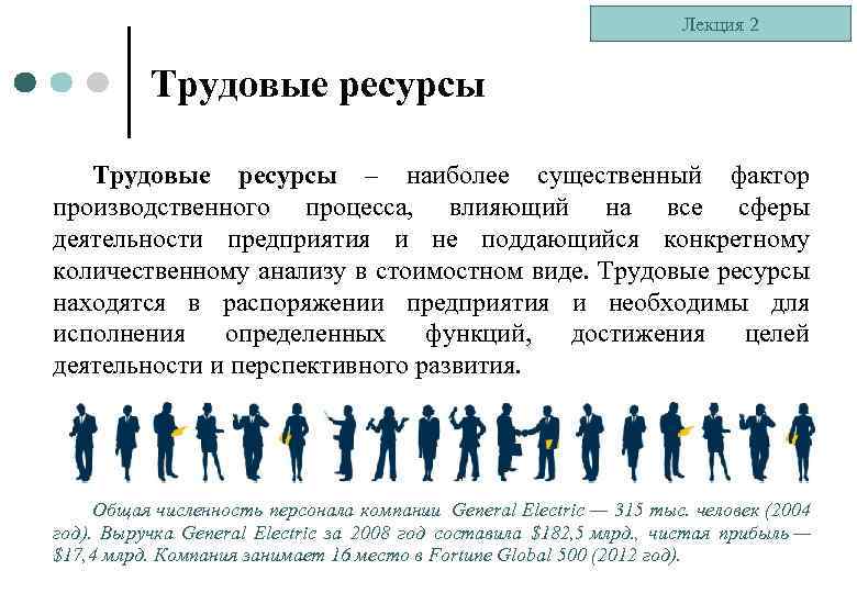 Лекция 2 Трудовые ресурсы – наиболее существенный фактор производственного процесса, влияющий на все сферы