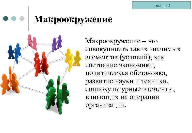 Лекция 2 Макроокружение – это совокупность таких значимых элементов (условий), как состояние экономики, политическая