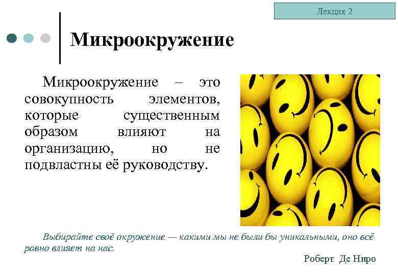 Лекция 2 Микроокружение – это совокупность элементов, которые существенным образом влияют на организацию, но