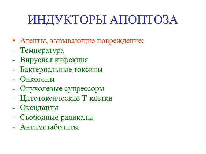 ИНДУКТОРЫ АПОПТОЗА • - Агенты, вызывающие повреждение: Температура Вирусная инфекция Бактериальные токсины Онкогены Опухолевые