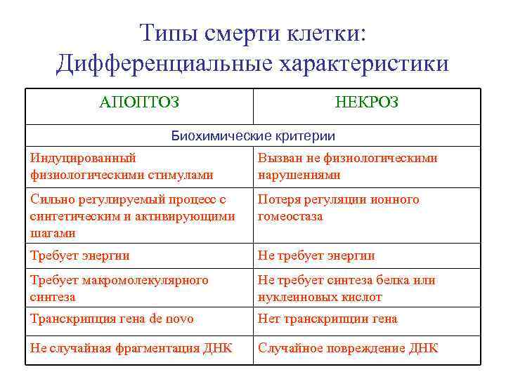 Типы смерти клетки: Дифференциальные характеристики АПОПТОЗ НЕКРОЗ Биохимические критерии Индуцированный физиологическими стимулами Вызван не