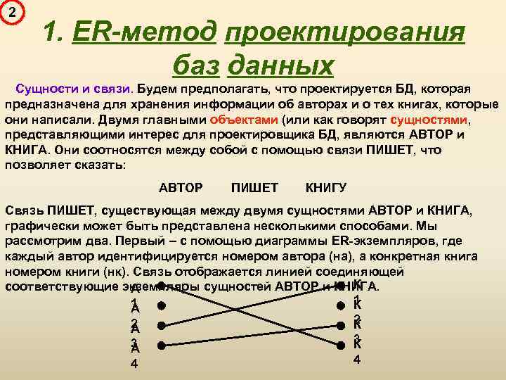 2 1. ER-метод проектирования баз данных Сущности и связи. Будем предполагать, что проектируется БД,
