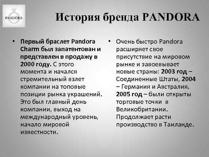 История бренда PANDORA • Первый браслет Pandora • Очень быстро Pandora Charm был запатентован
