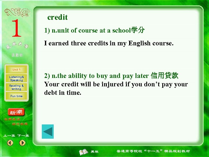 credit 1) n. unit of course at a school学分 I earned three credits in