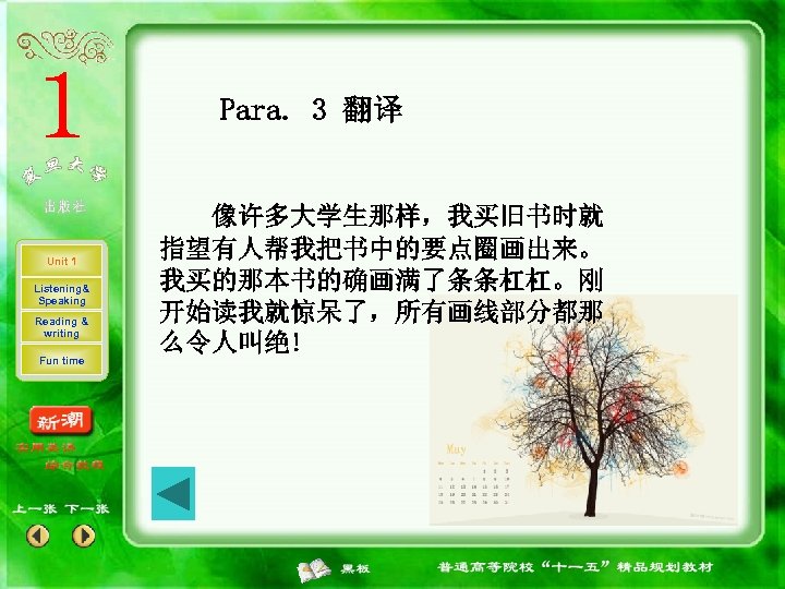 Para. 3 翻译 Unit 1 Listening& Speaking Reading & writing Fun time 像许多大学生那样，我买旧书时就 指望有人帮我把书中的要点圈画出来。