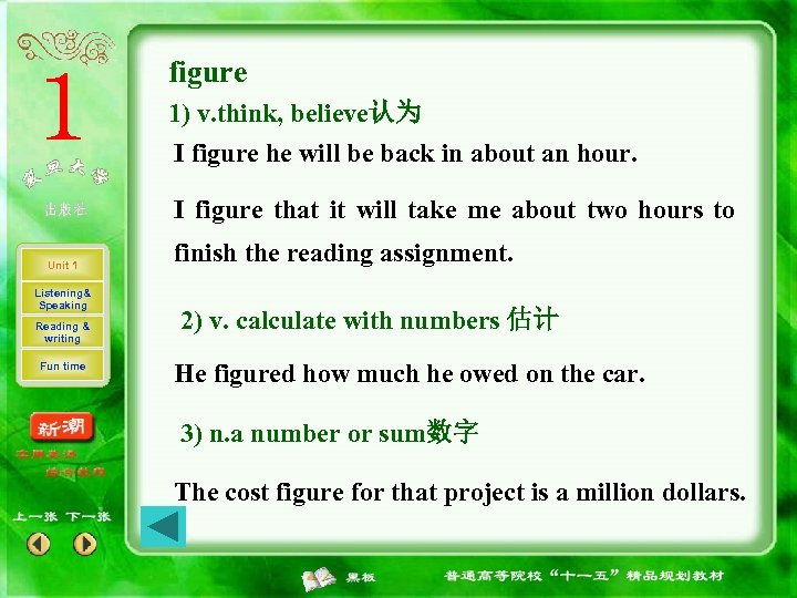 figure 1) v. think, believe认为 I figure he will be back in about an