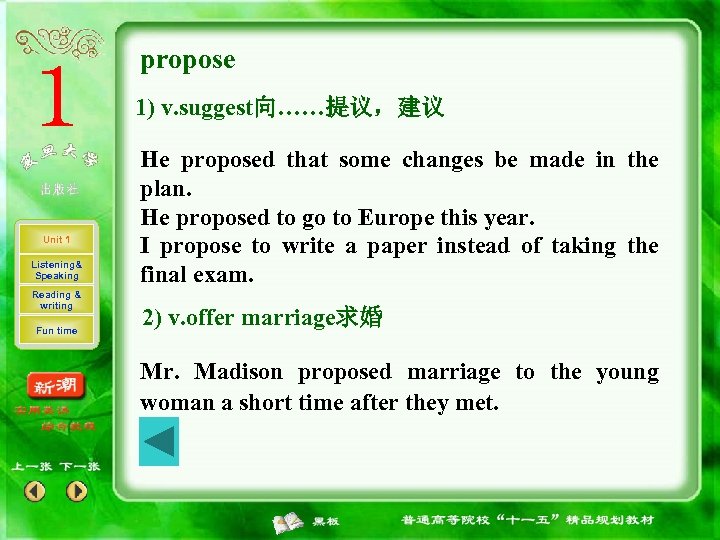 propose 1) v. suggest向……提议，建议 Unit 1 Listening& Speaking Reading & writing Fun time He
