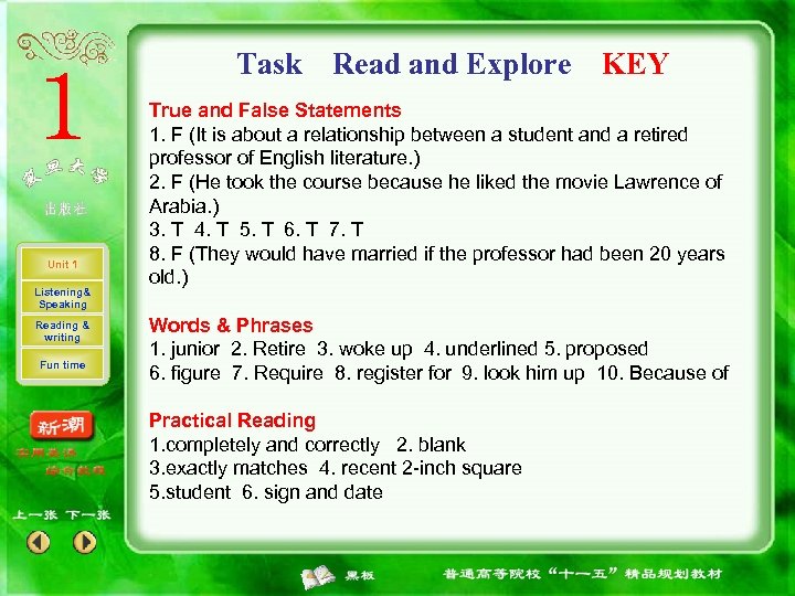 Task Unit 1 Listening& Speaking Reading & writing Fun time Read and Explore KEY
