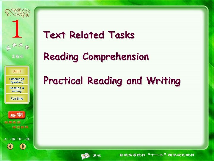 Text Related Tasks Reading Comprehension Unit 1 Listening& Speaking Reading & writing Fun time