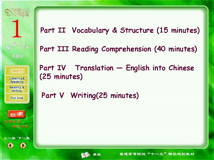 Part II Vocabulary & Structure (15 minutes) Part III Reading Comprehension (40 minutes) Unit