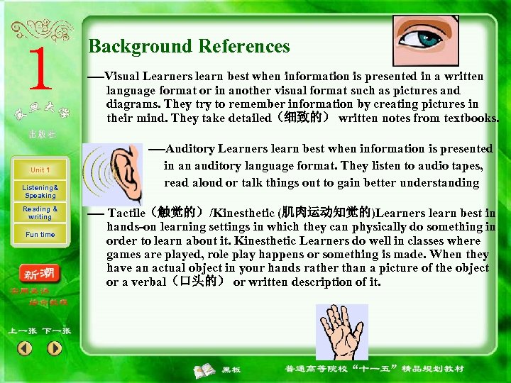 Background References ----Visual Learners learn best when information is presented in a written language